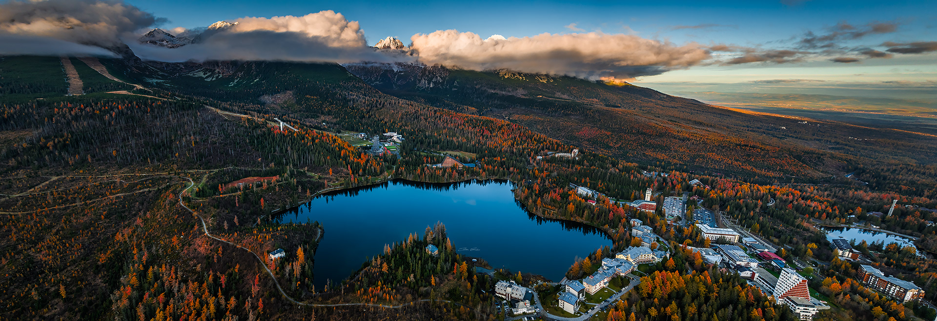 Aerial panoramic view of Strbske lake
