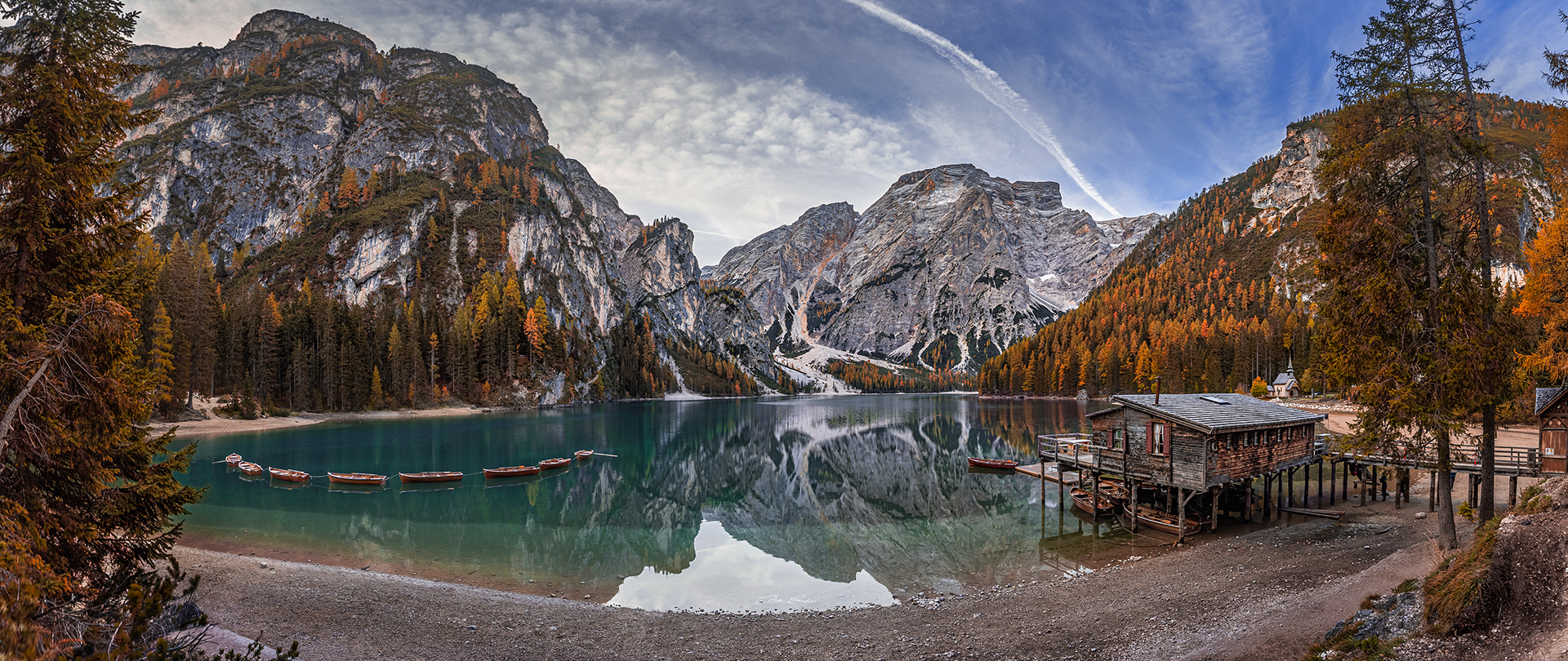 Panoramic view of Lake Braies (Lago di Braies) at autumn