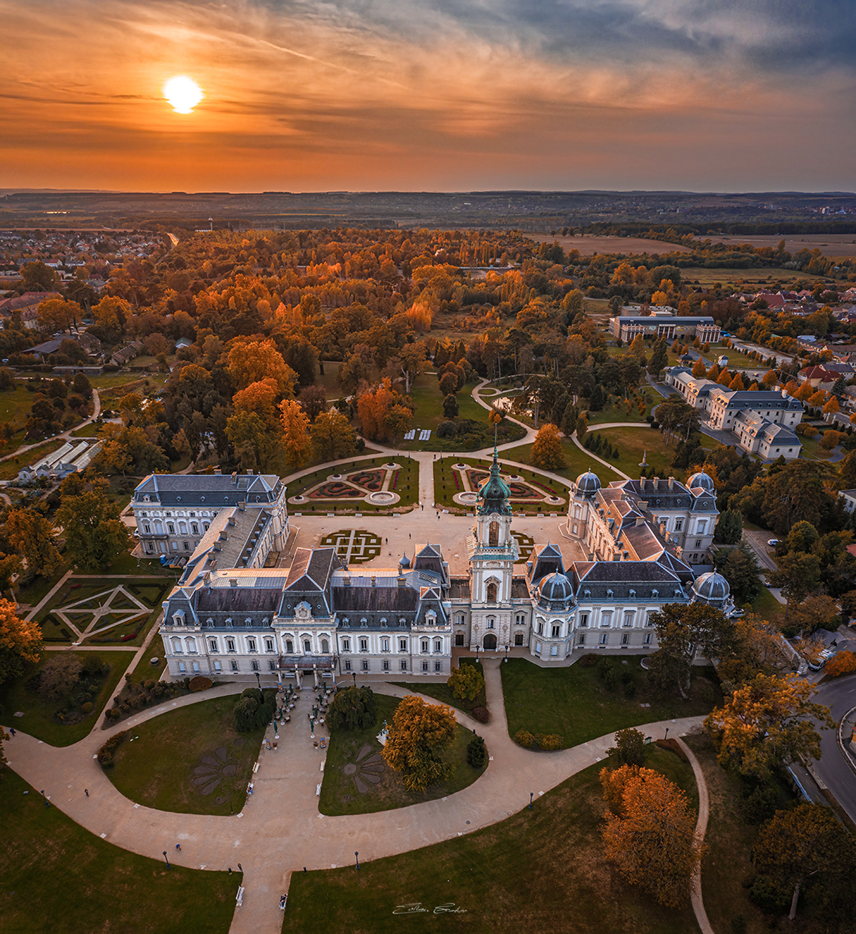 Aerial view of Festetics Palace at sunset