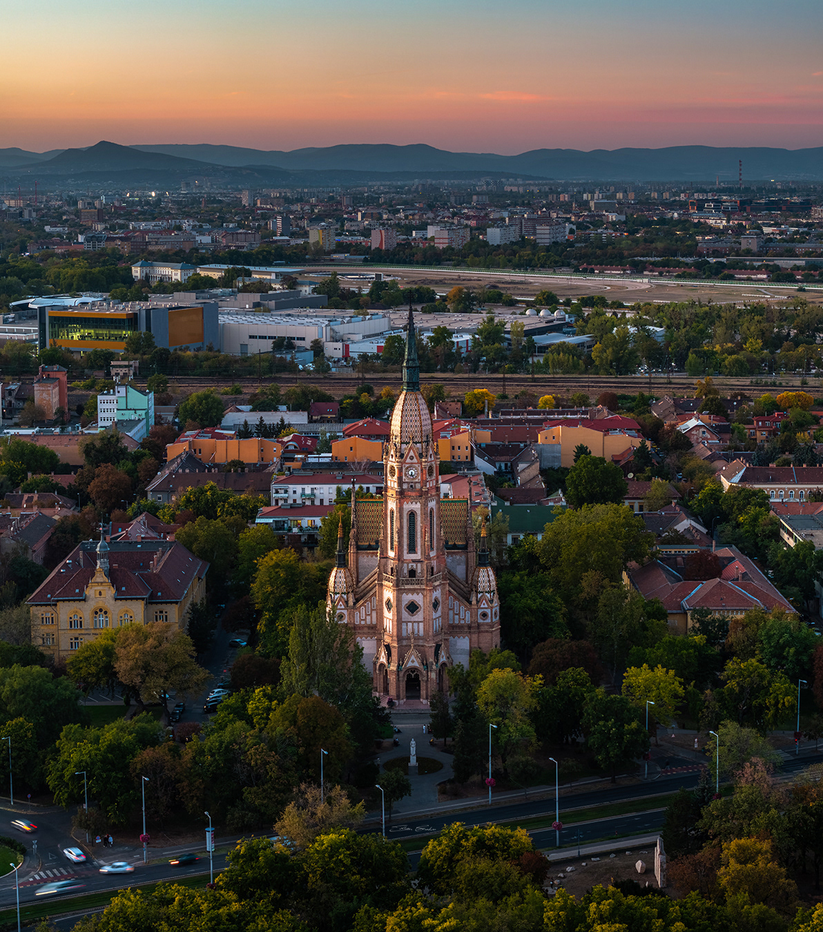 The Church of St. László from above at sunset