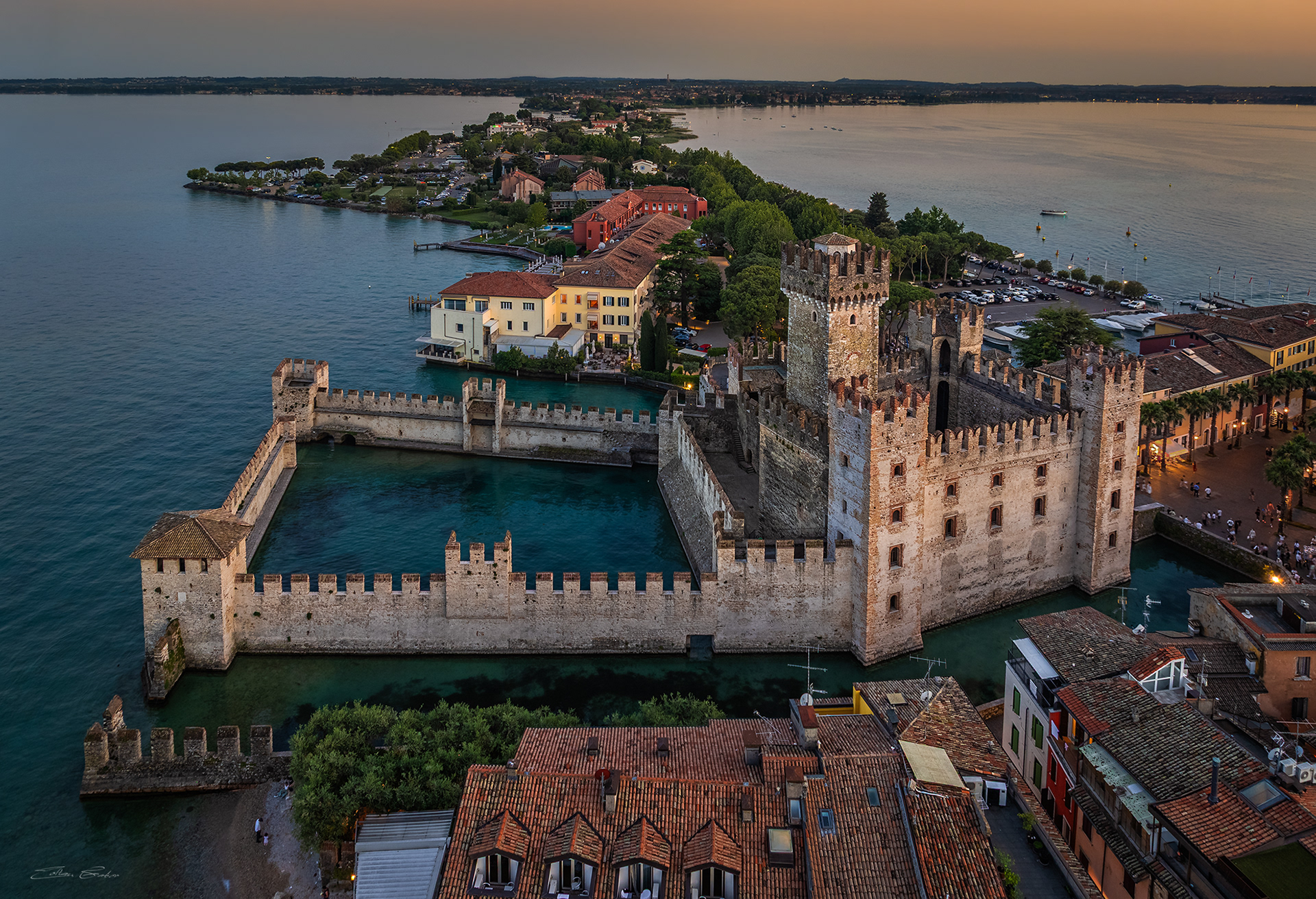 Scaligero Castle at sunset from above - Sirmione, Italy