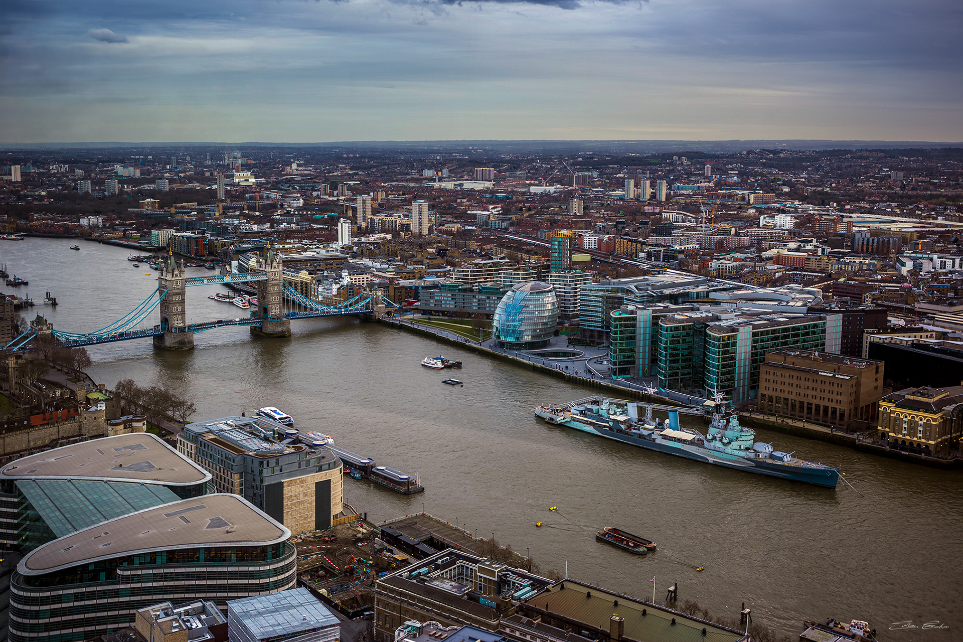 Tower Bridge and HMS Belfast on River Thames