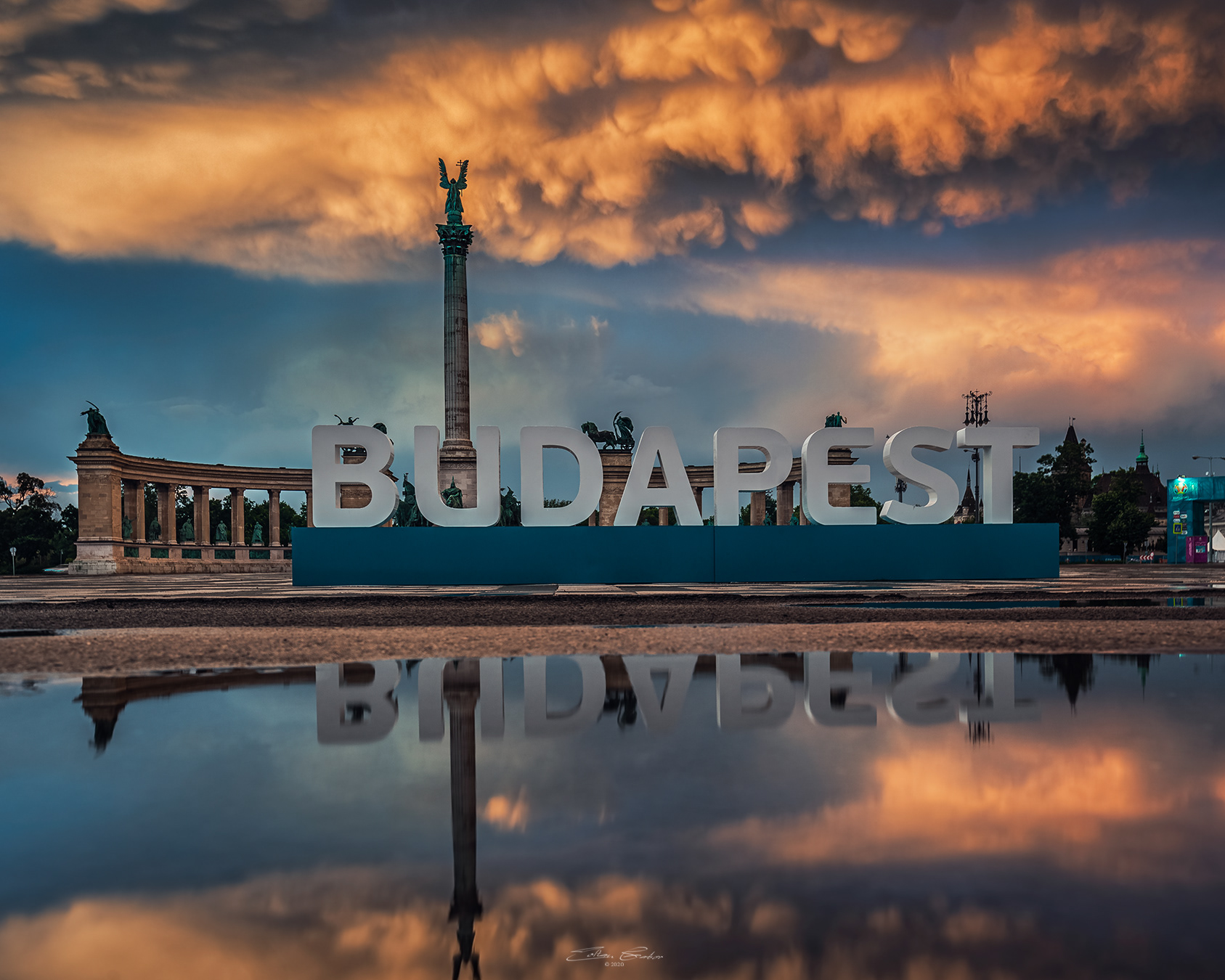 Heroes' Square and Budapest Sign with Mammatus Clouds