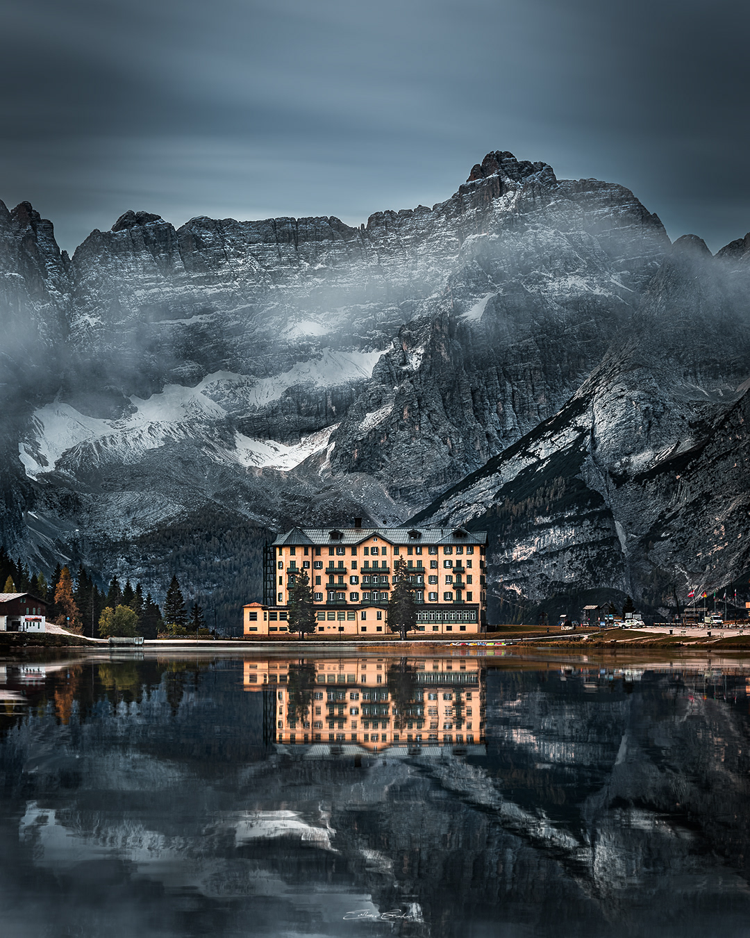 Lake Misurina and Pio XII Institute with the Sorapiss mountain range at background