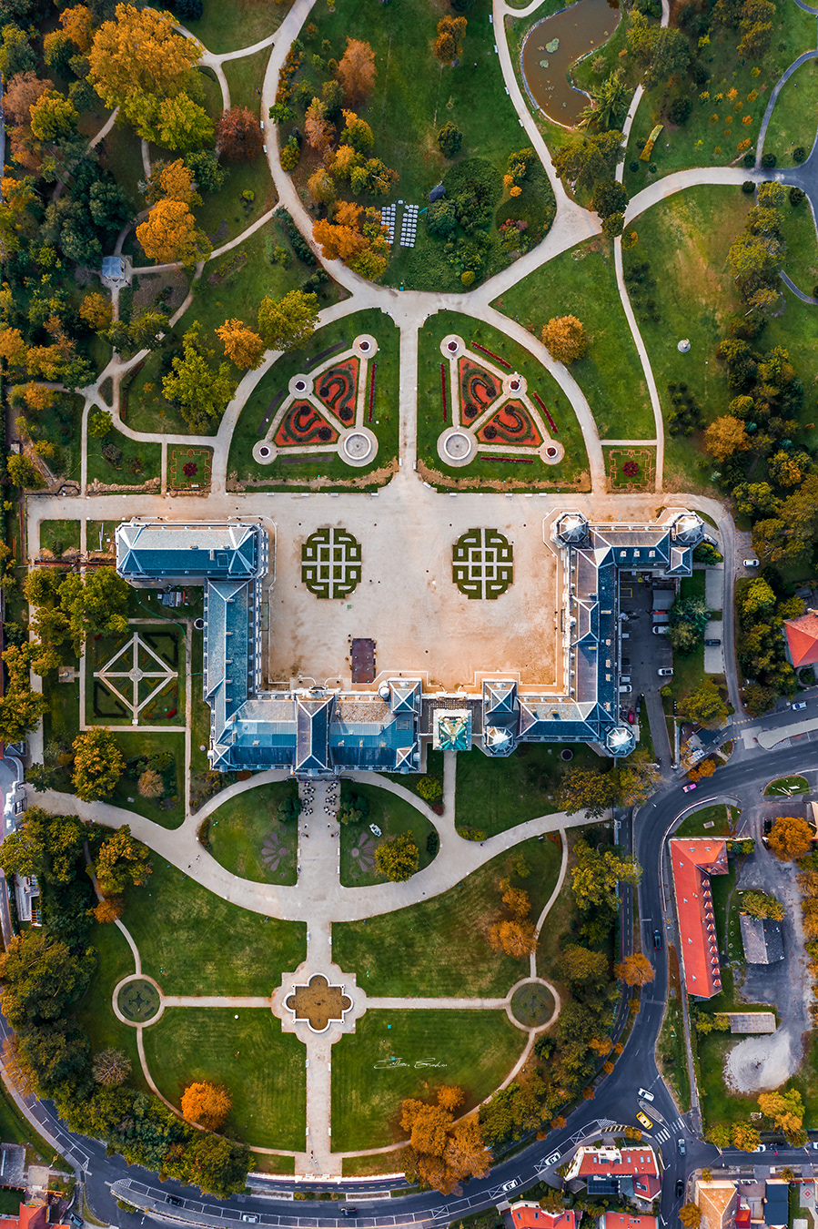 Aerial top-down view of Festetics Palace