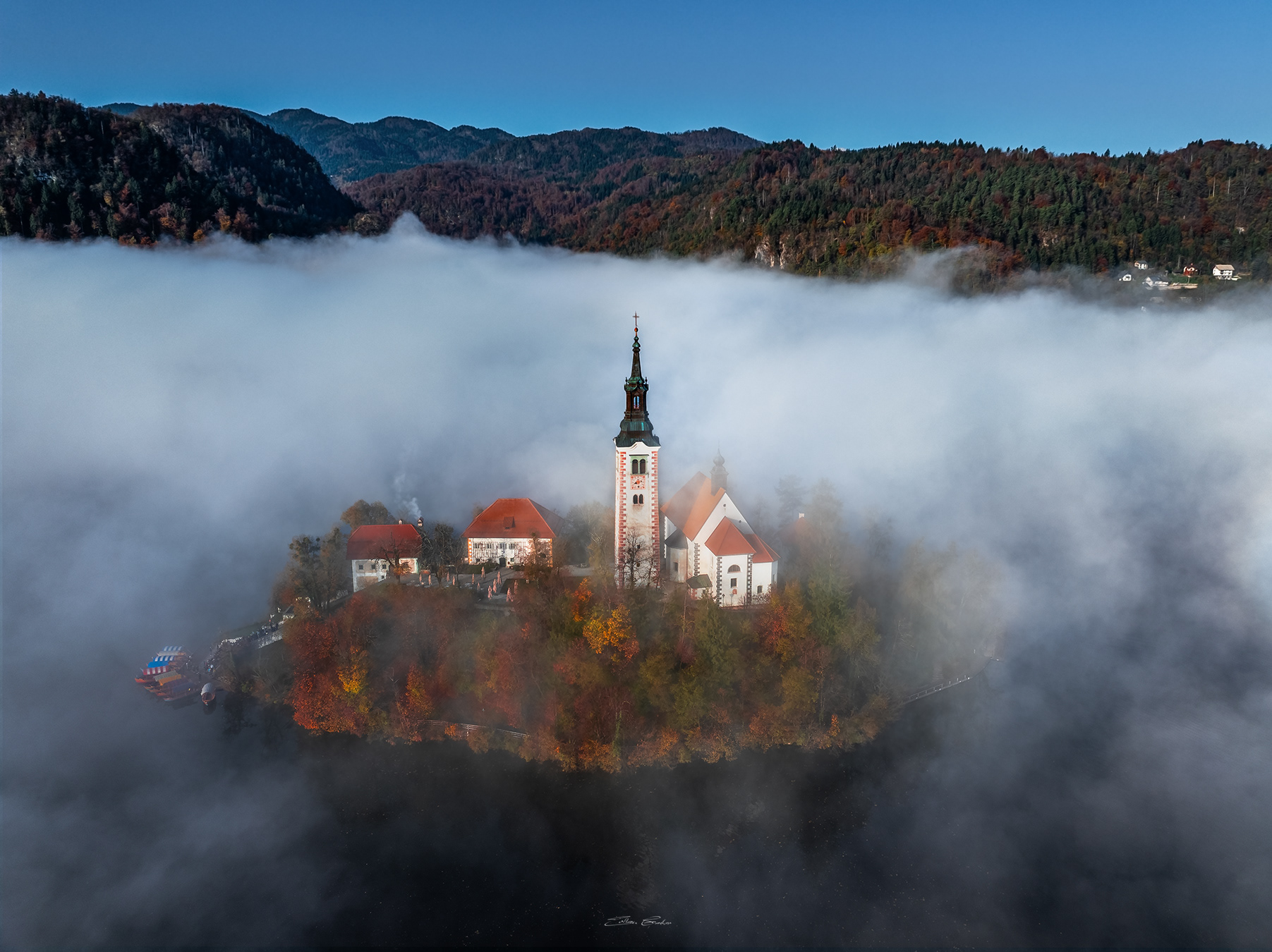 Bled Island on a foggy autumn morning