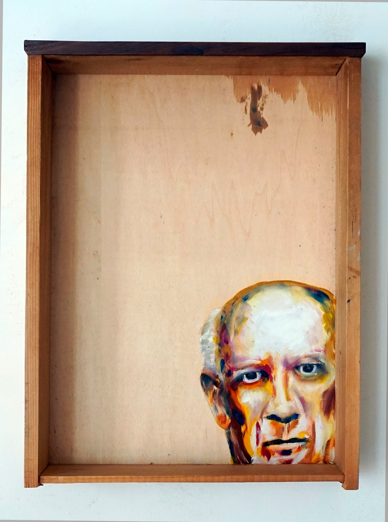 "Pablo P.", oil on abandoned drawer, 40x50x10, 2016