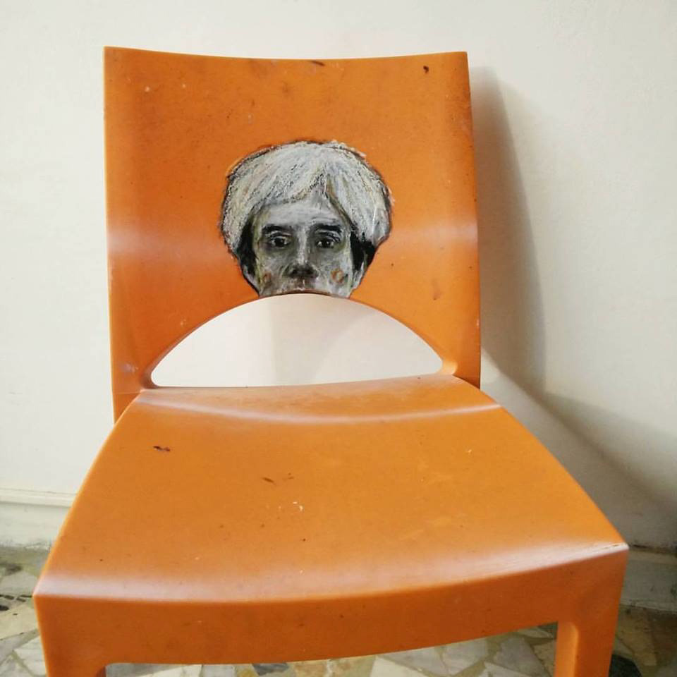 "Andy W", oil on paper on chair, 2016