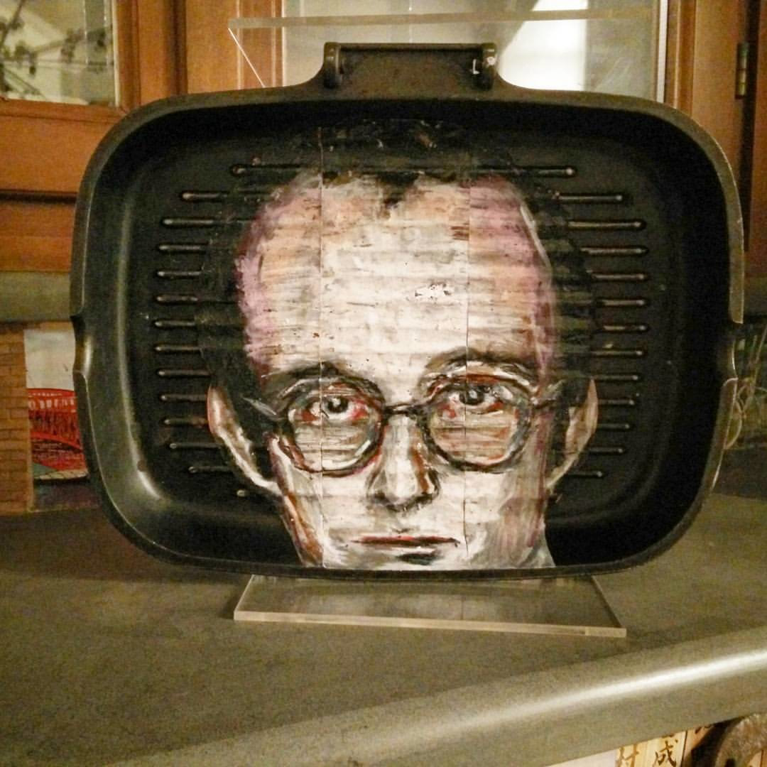 "Keith H", oil on paper on grill, 2016