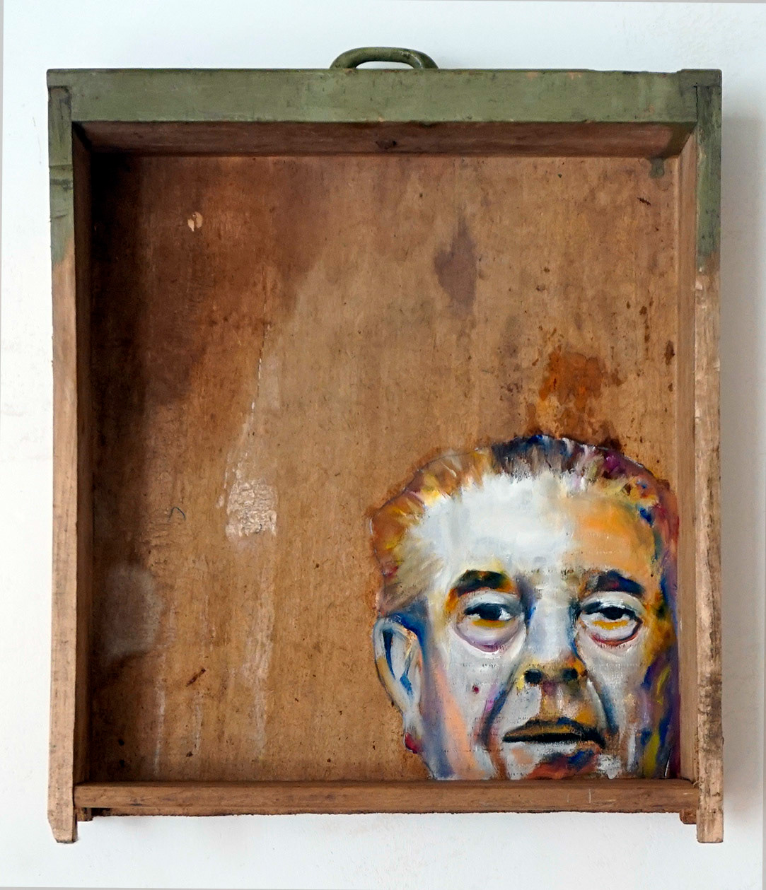 "Renè M..", oil on abandoned drawer, 25x35x10, 2016
