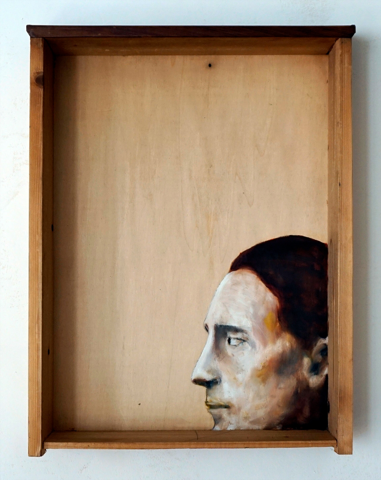 Marcel D.", oil on abandoned drawer, 40x50x10, 2016
