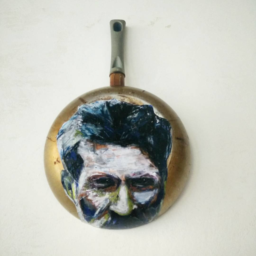 "Costantin B", oil on paper on cooking pan, 2016