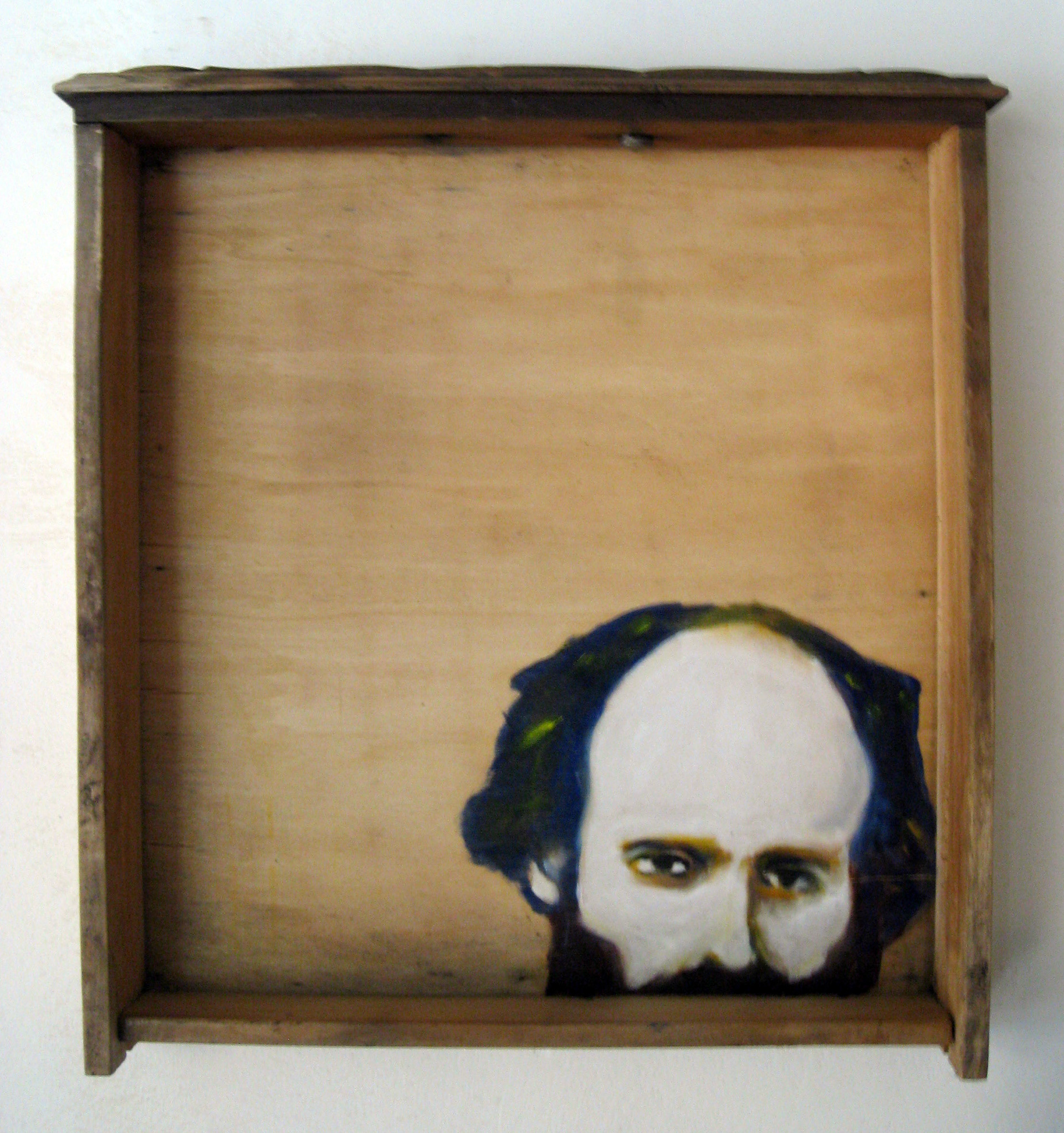 "Paul C", oil on abandoned drawer, 40x45x10, 2016