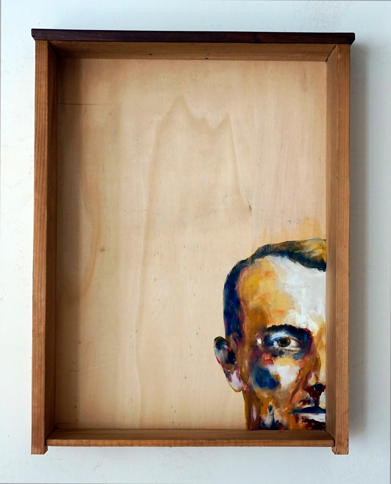 "Jean H.", oil on abandoned drawer, 40x50x10, 2016