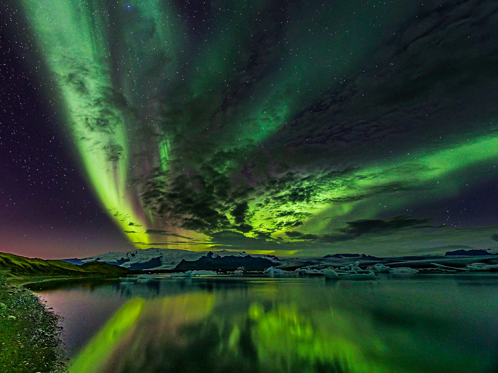 Polarlicht am Jökulsarlon