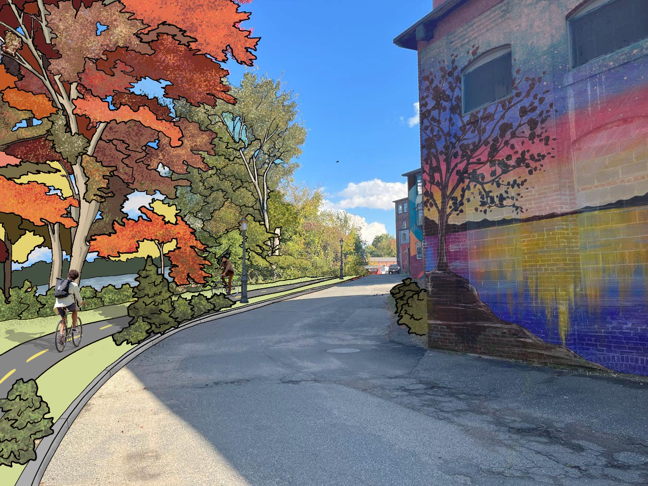 Bike Trail + Murals along backside of mill