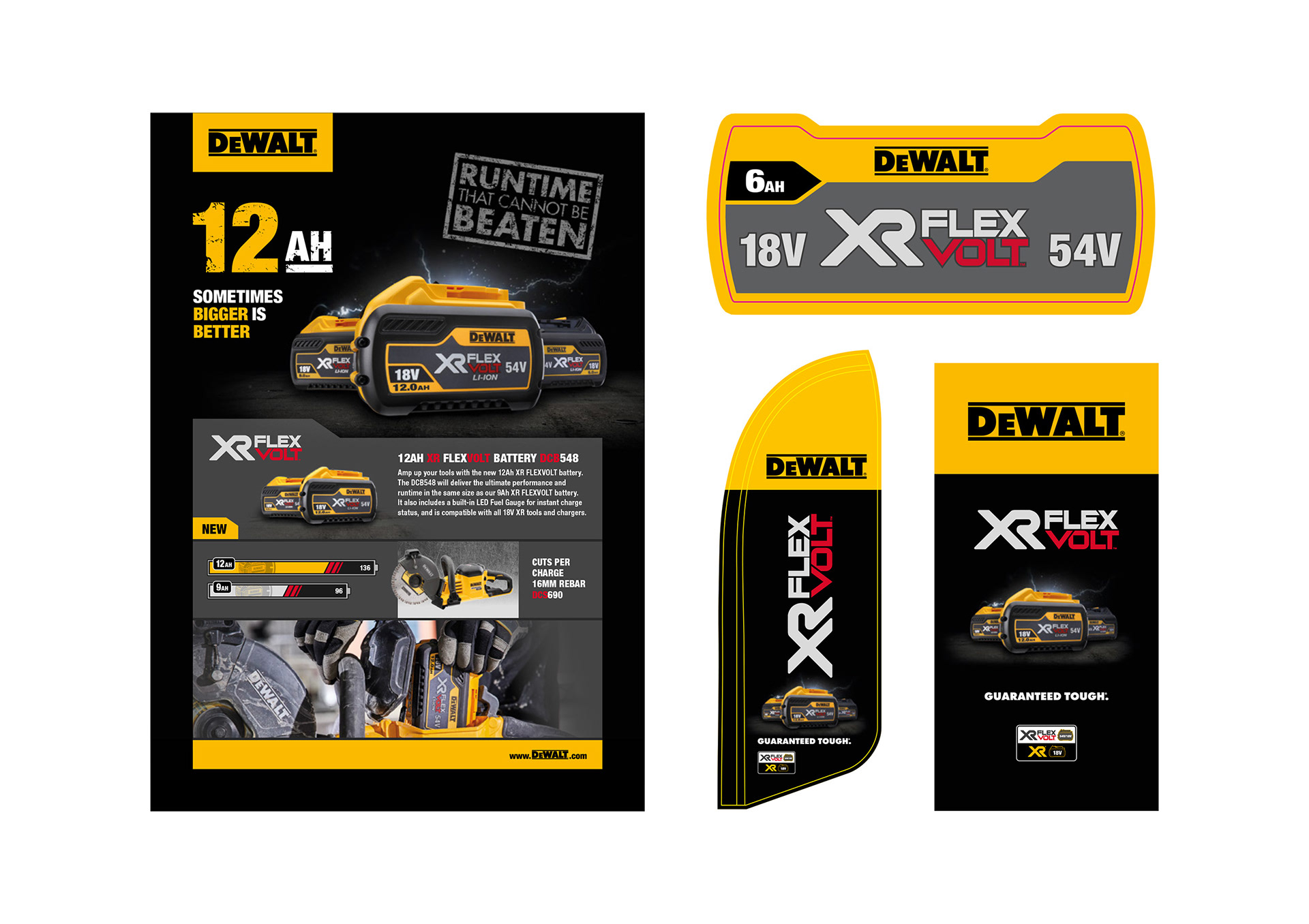 DEWALT 12AH Advert, XR Flexvolt Battery Label Design & 2 FlexVolt Banners