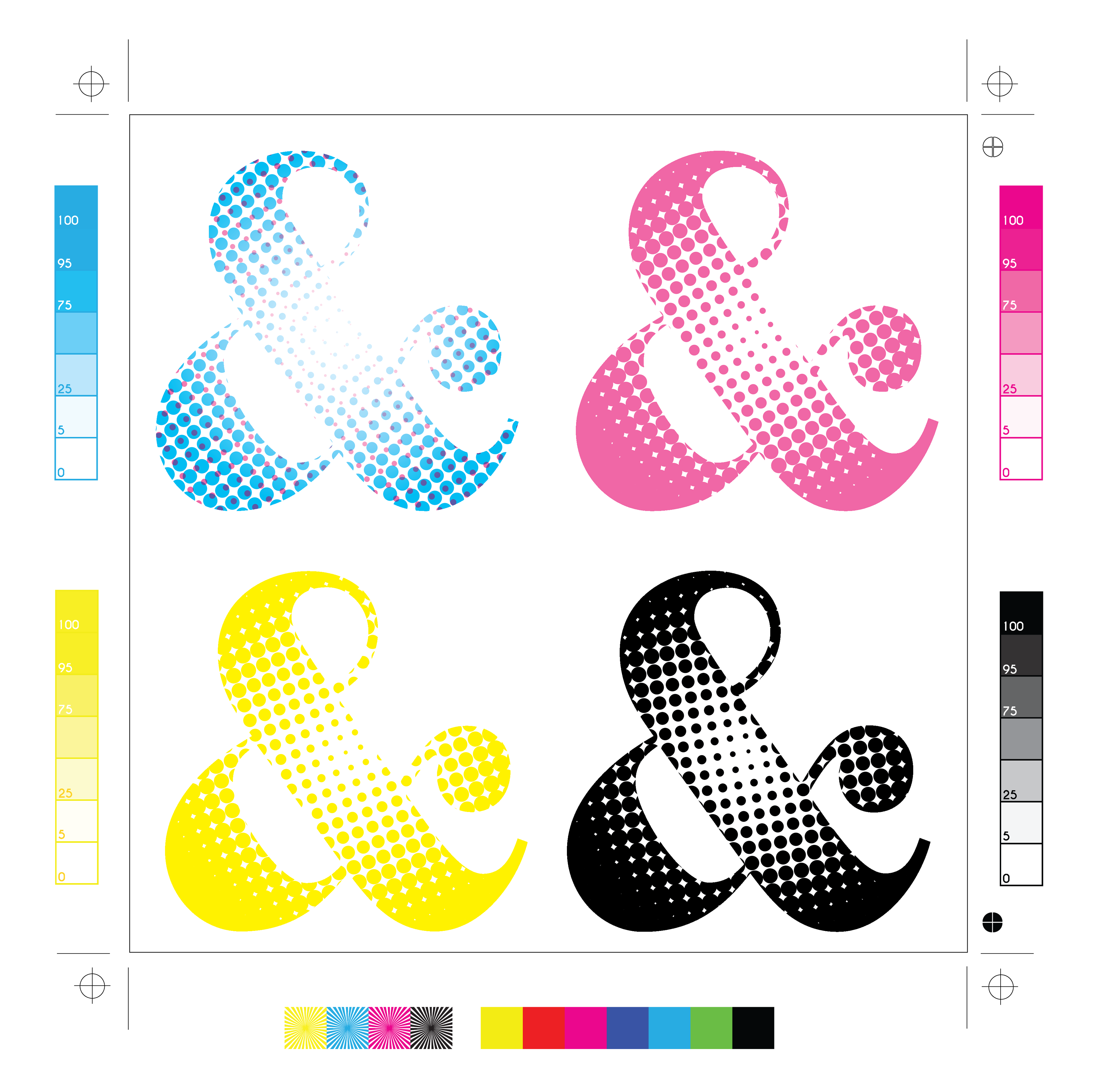 Shows a print design contain 4 ampersands with halftone dots. Each ampersand is individually colored in Cyan, Magenta, Yellow, & Black. 