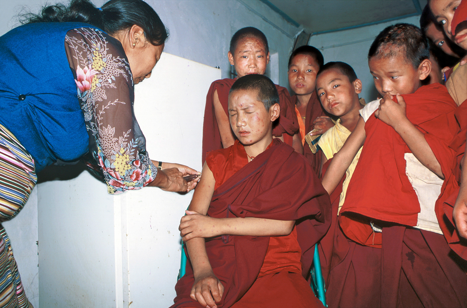 Inoculating young Tibetan monks. Dharamsala, India
