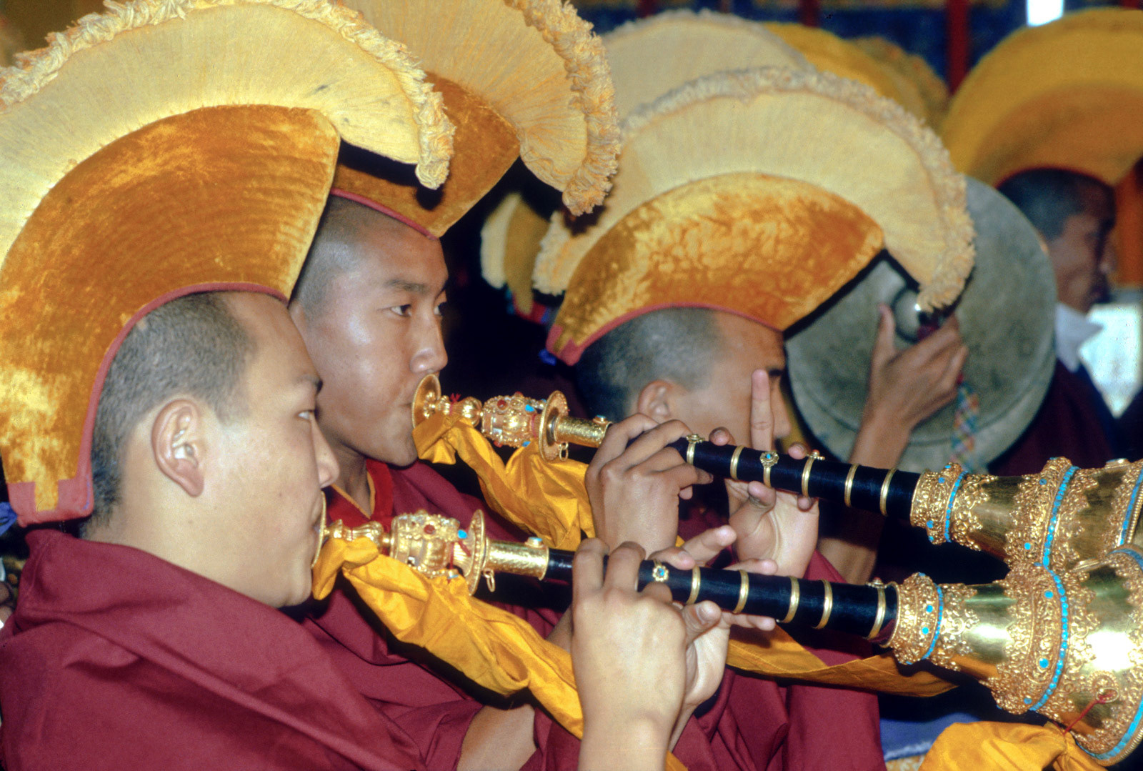 Tibetan monks playing the dungchen. Daramsala, India
