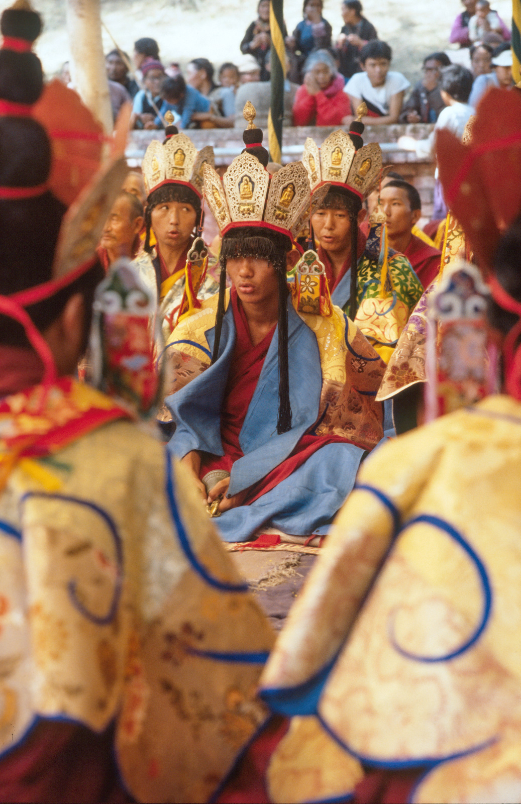 Tibetan monks performing ritual prayers. Bodh Gaya, India