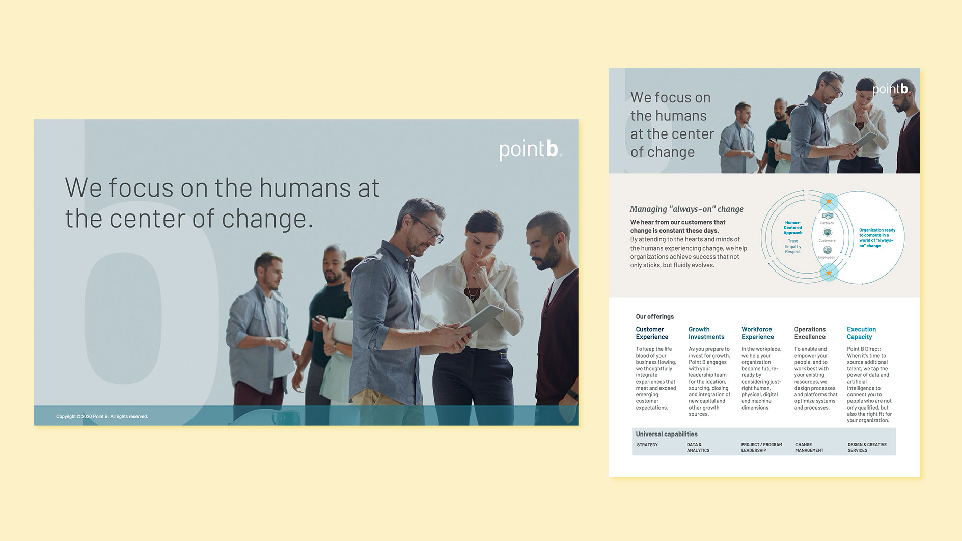 Point B 2020 rebranding core documents, including master "intro" pitch deck and master 2 page collateral template
