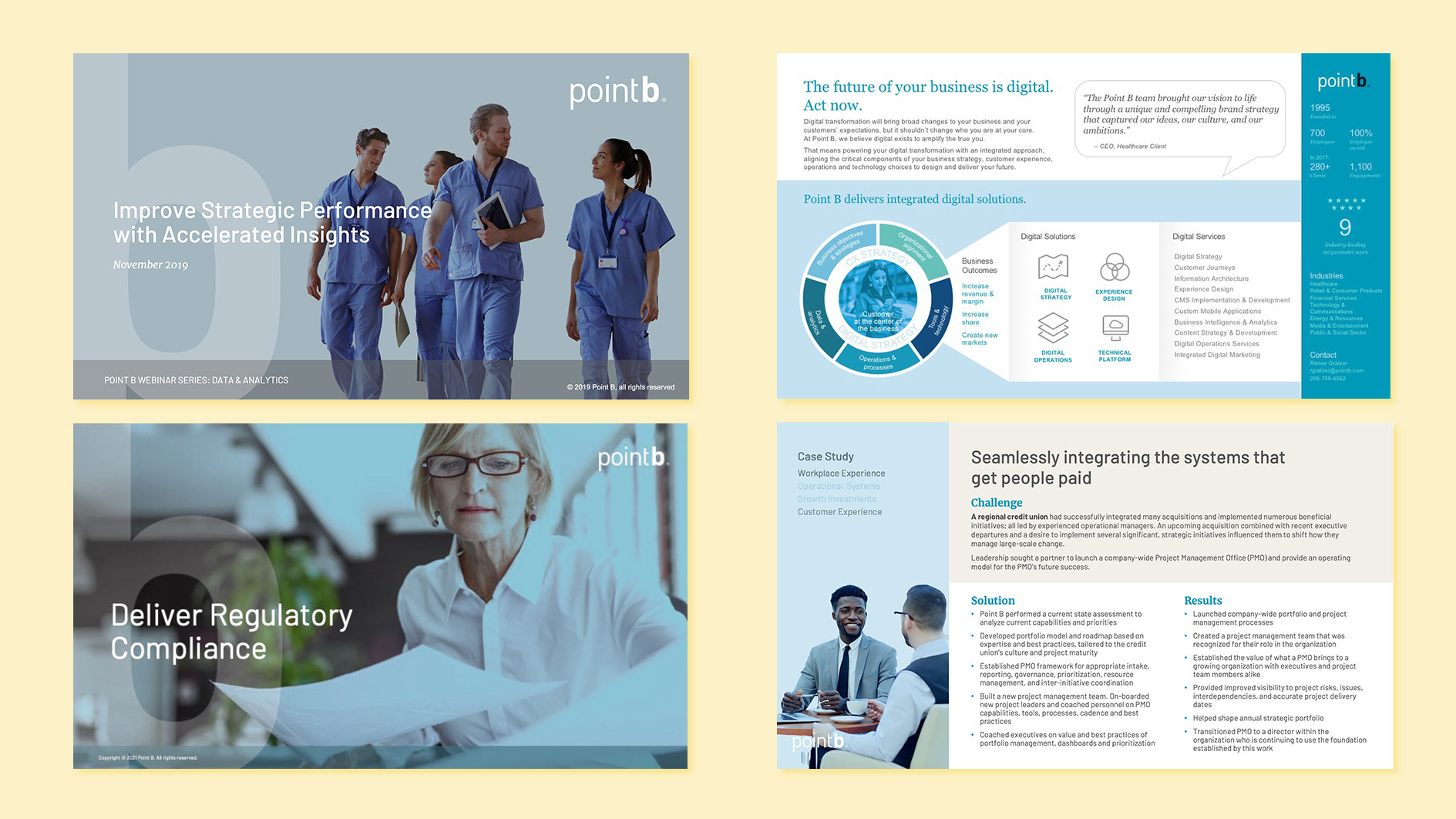 Point B 2020 brand update category executions for industry, solution, digital, and case study documents