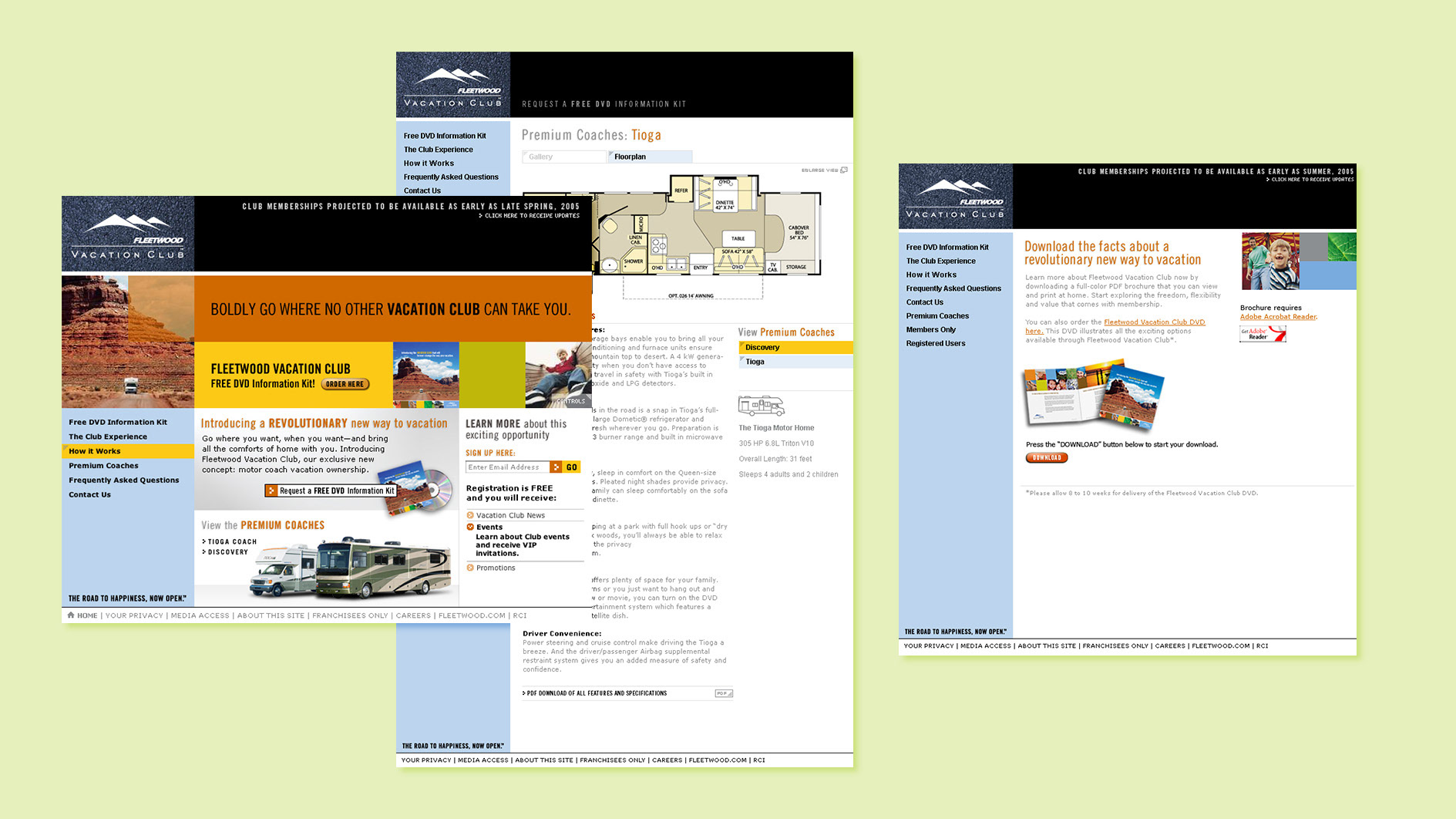 Prototype Fleetwood Vacation Club franchise time-share marketing and dealer support web sites.