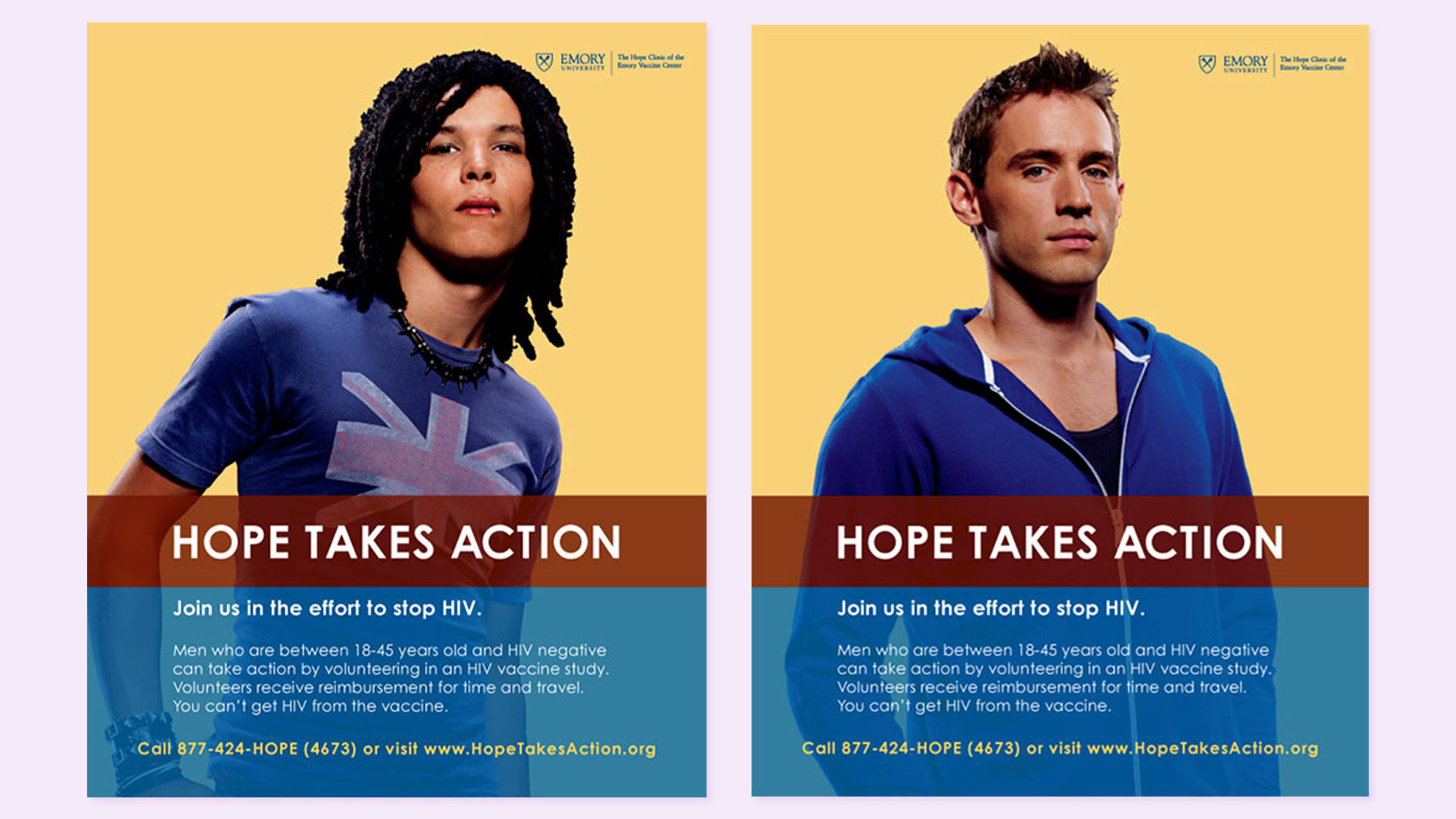 HVTN "Hope Takes Action" vaccine trials ads, which were part of a multi-media support package for hospitals and health care organizations across the country.