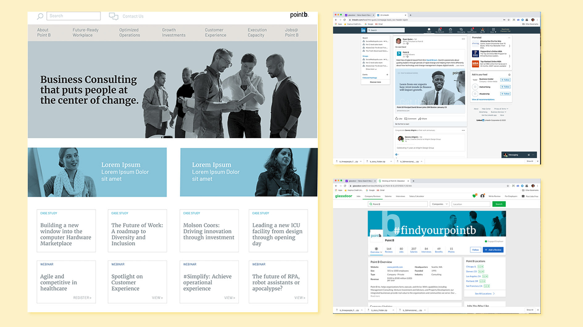Design studies for Point B 2020 Brand web executions including corporate web site, Linked In posts, and Glassdoor header