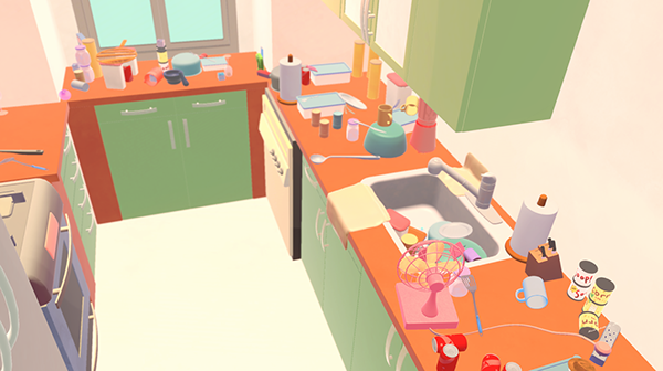 Aerial view of the kitchen in-game.