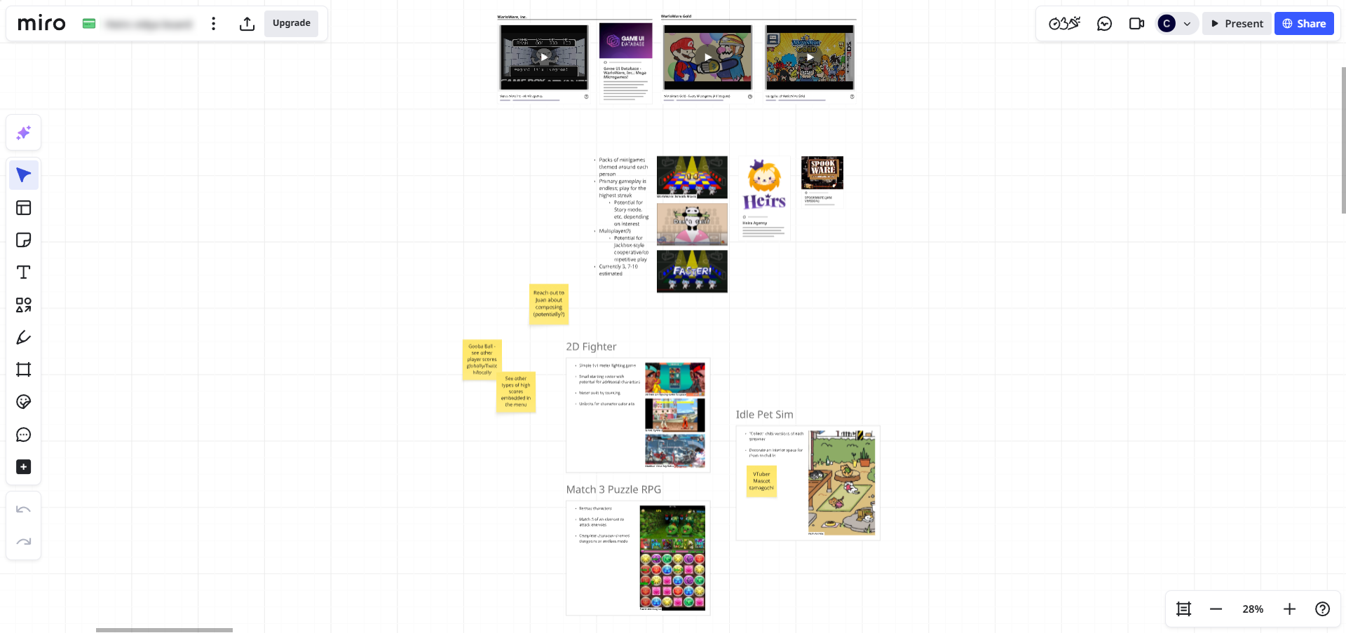 The initial concepts for an Heirs game: a 2D fighter, a match 3, an idle pet sim, and a WarioWare inspired title.