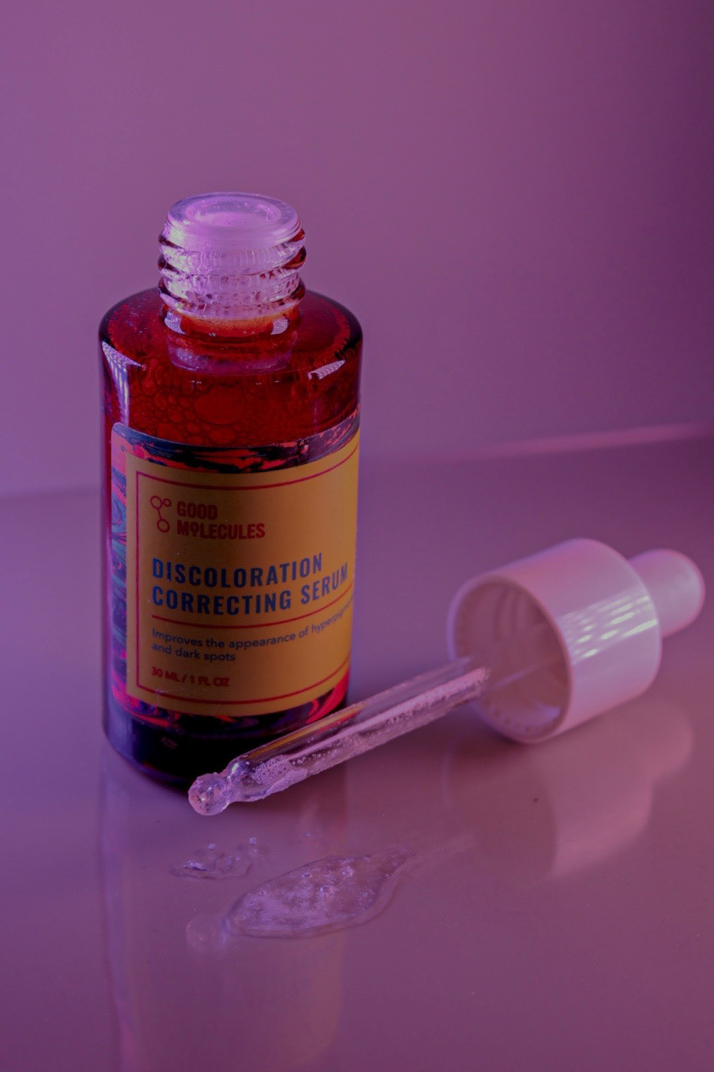 Product photography of Good Molecules discoloration correcting serum.