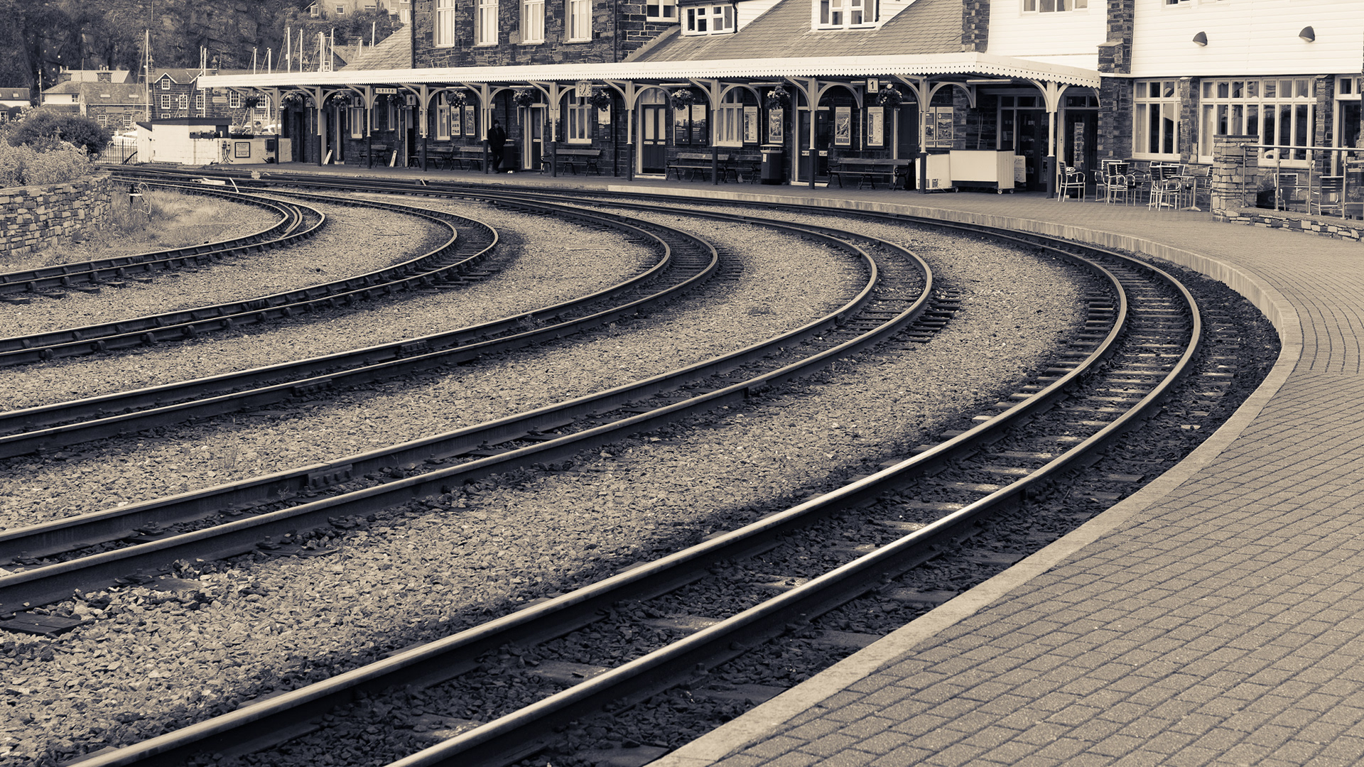 Ever Tighter Bends. Porthmadog Harbour Railway Station on the Ffestiniog Railway Company - the oldest railway company in the world. Porthmadog, Wales.