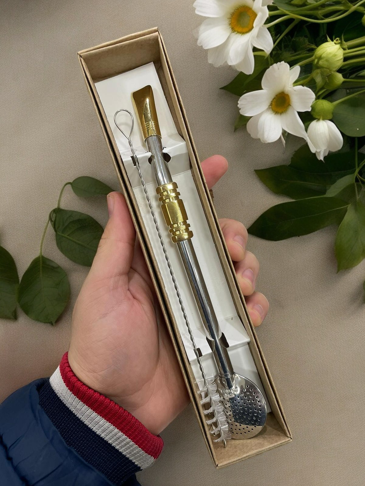 BOMBA DE INOX DESMONTÁVEL FOLHADO A OURO ELO QUADRADO