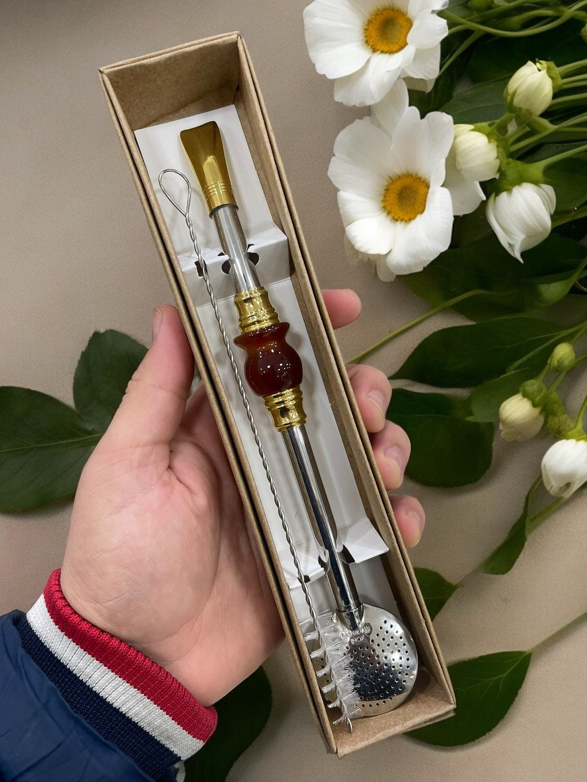 BOMBA DE INOX DESMONTÁVEL FOLHADO A OURO PEDRA CUIA MARROM