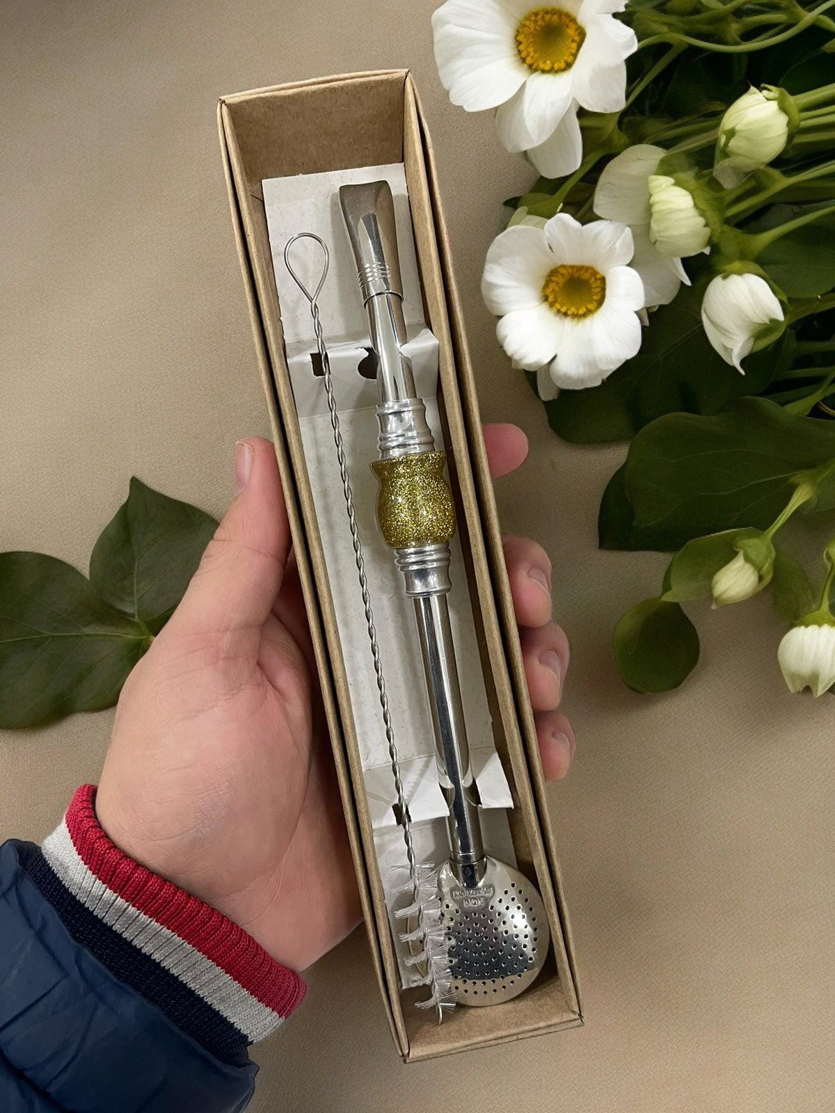 BOMBA DE INOX DESMONTÁVEL PEDRA CUIA DOURADA GLITTER