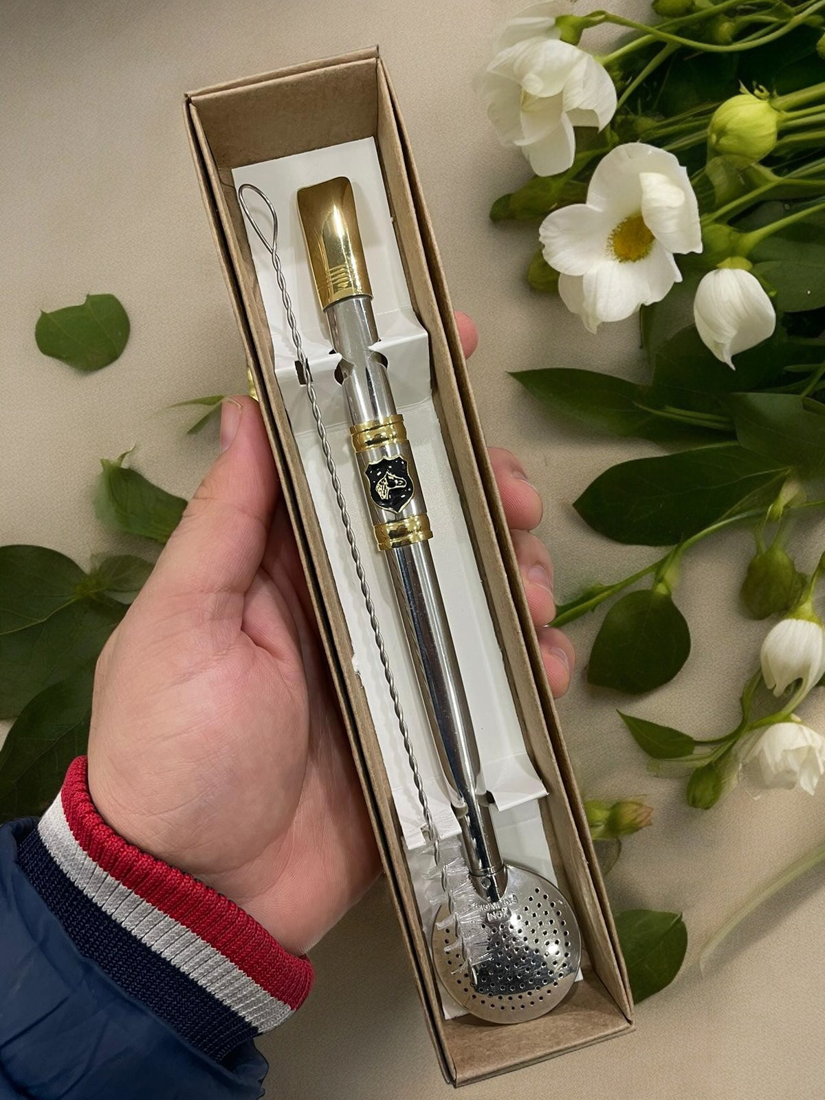 BOMBA DE INOX DESMONTÁVEL FOLHADO A OURO ESCUDO PRETO CAVALO