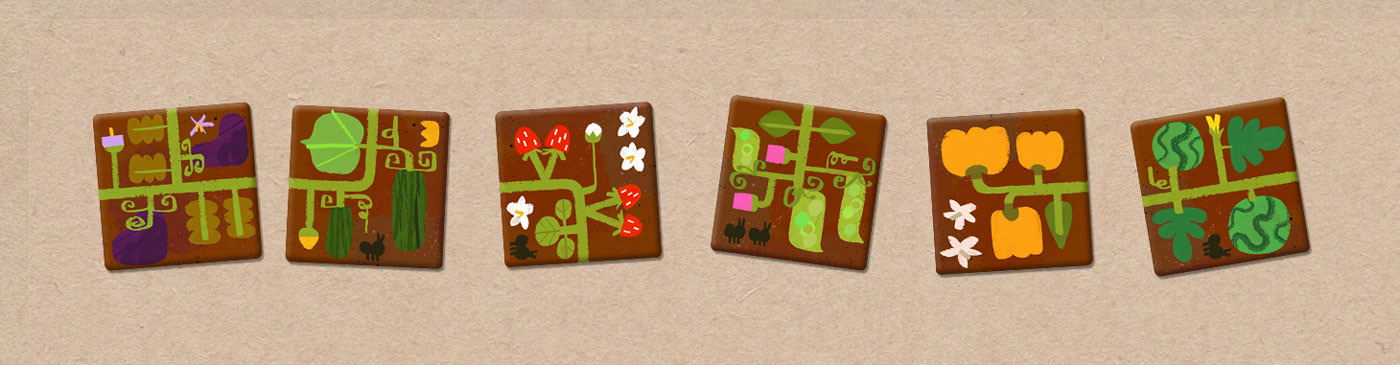 Tile game of building a vegetable garden ver colorful, illustrated by Cris Tamay. There are aubergines, zucchini, strawberries, green beans, bell peppers and watermelons.