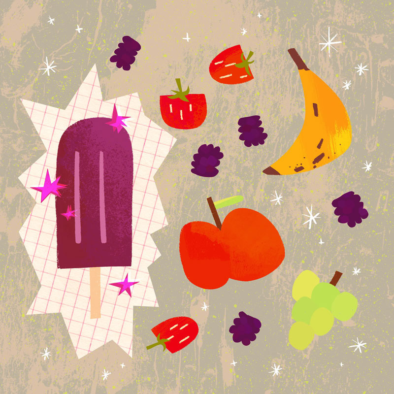 Illustrated fruit popsicle with all the fresh fruit on the side, by Cris Tamay. 