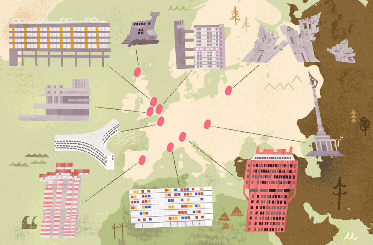 Illustrated map of Brutalism architecture by Cris Tamay.