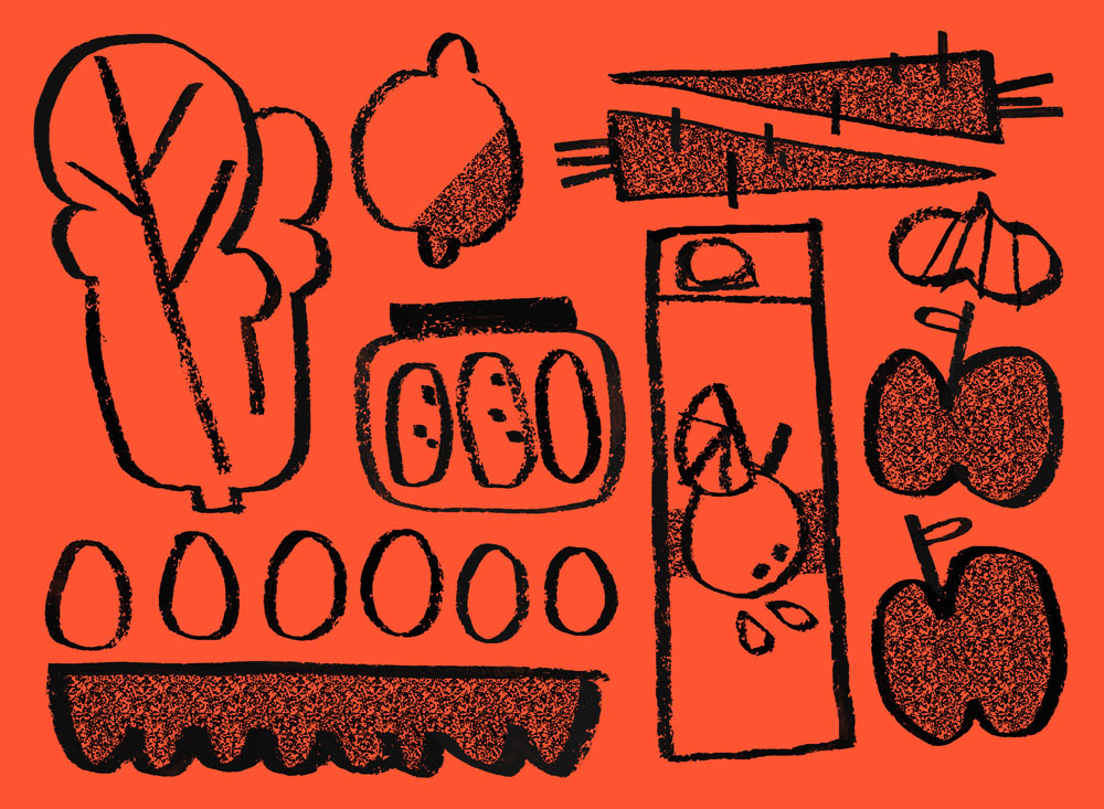 Healthy food layout illustration in a graphic, wonky style by Cris Tamay