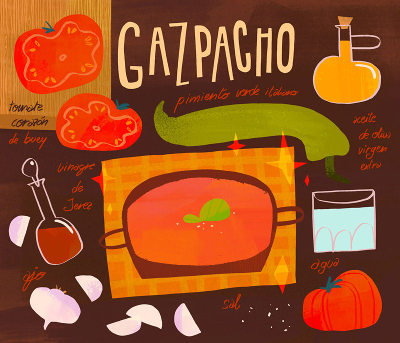 Food illustration of the gazpacho recipe by Cris Tamay