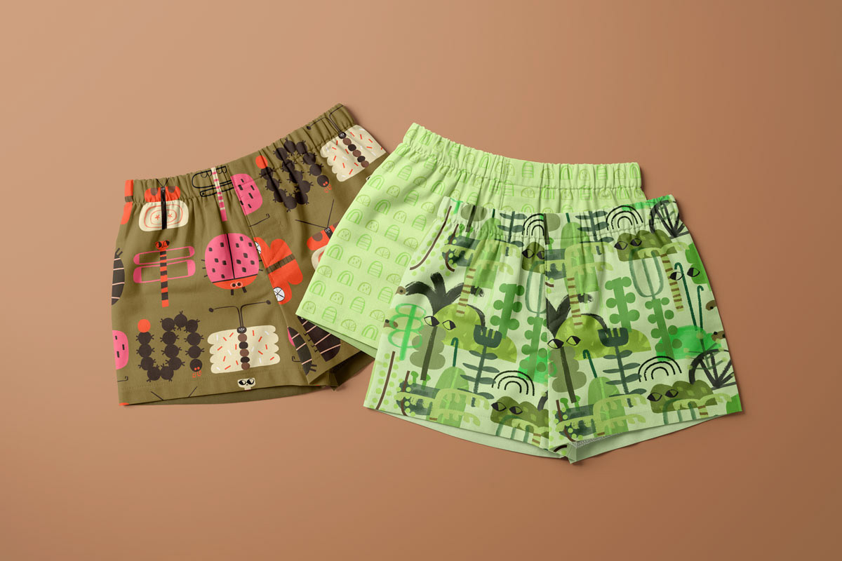 Jungle pattern designs collection applied into kids shorts.