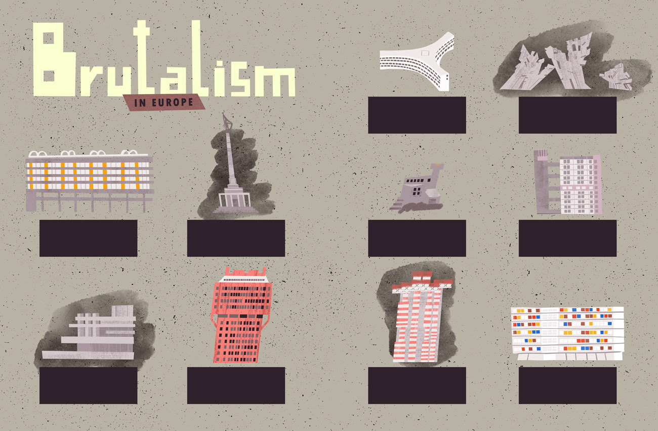 Brutalism building in Europe illustrated by Cris Tamay.