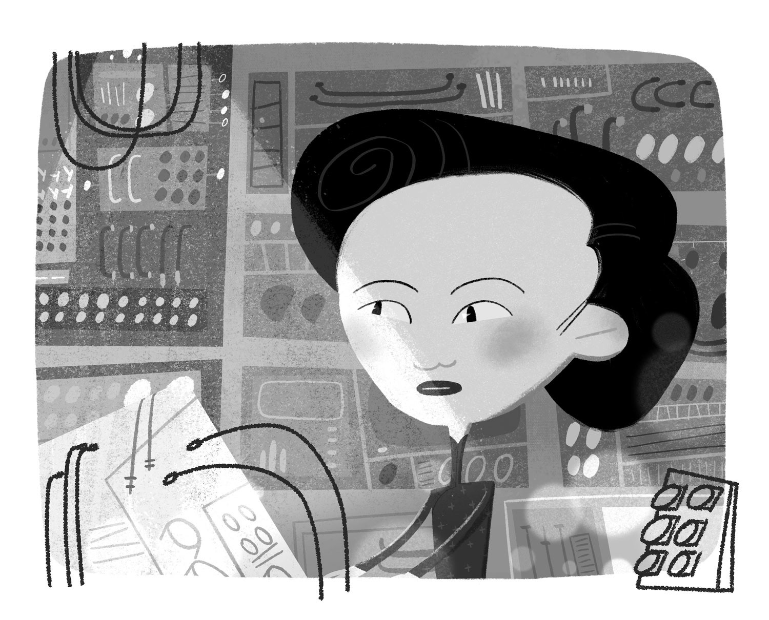 Illustrated portrait of Chien-Shiung Wu in black and white by Cris Tamay