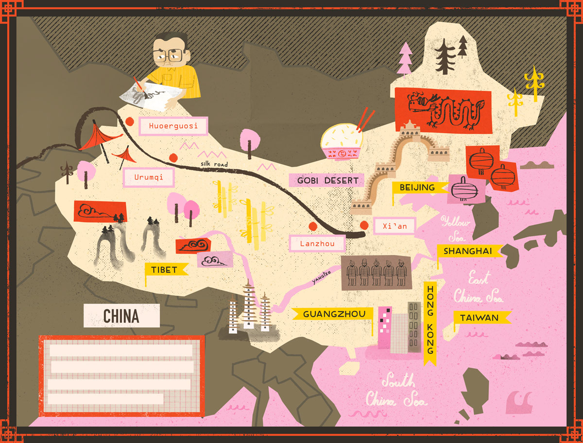 Silk Route in China illustrated map by Cris Tamay for a double page childrens' book.