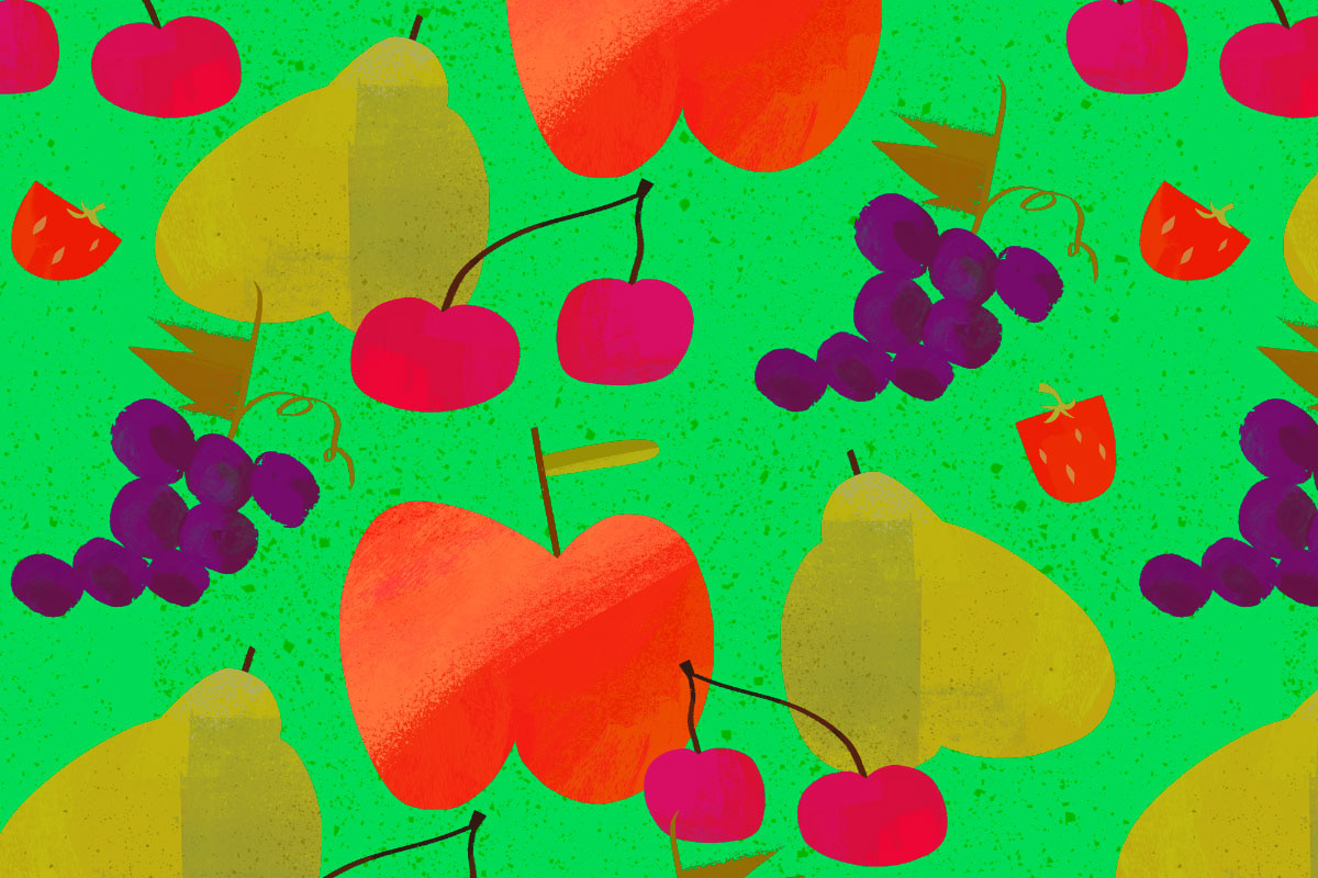 Fruit seamless pattern on green background by Cris Tamay