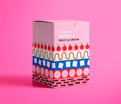 Cereal box with a colorful geometric pattern by Cris Tamay.