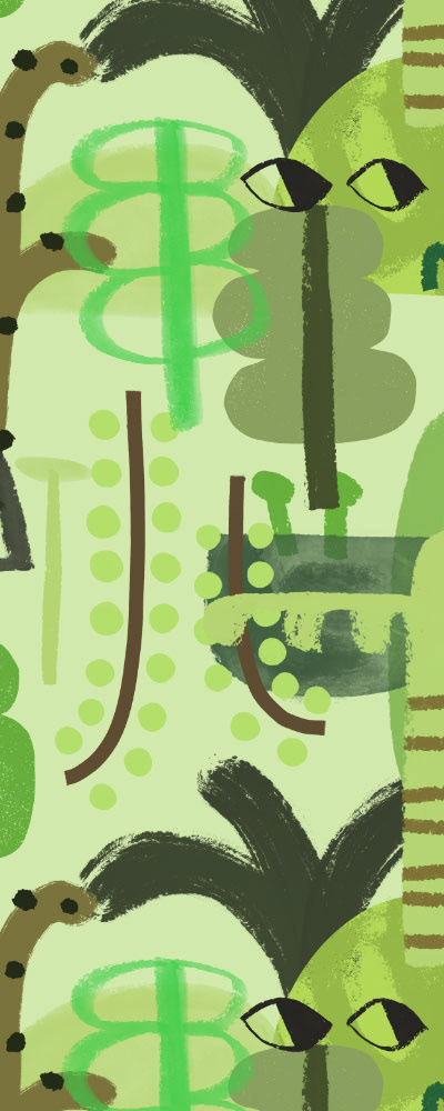 Jungle pattern design of greenery and leaves in a painterly style.